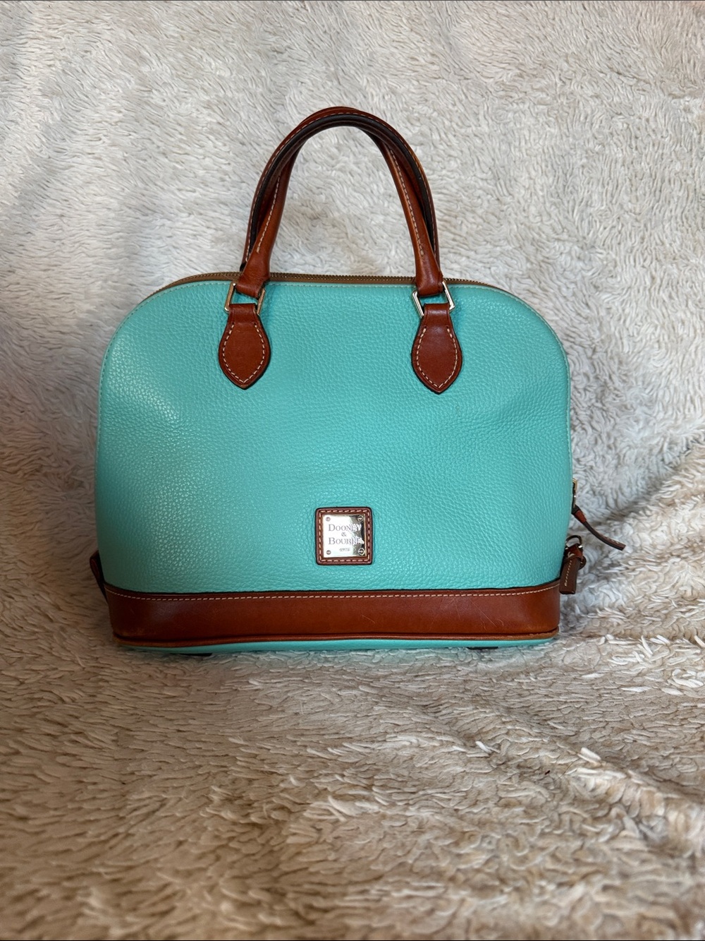 Dooney & Bourke Aqua Pebble Leather Satchel with Brown Trim and Handles - Picture 3 of 13